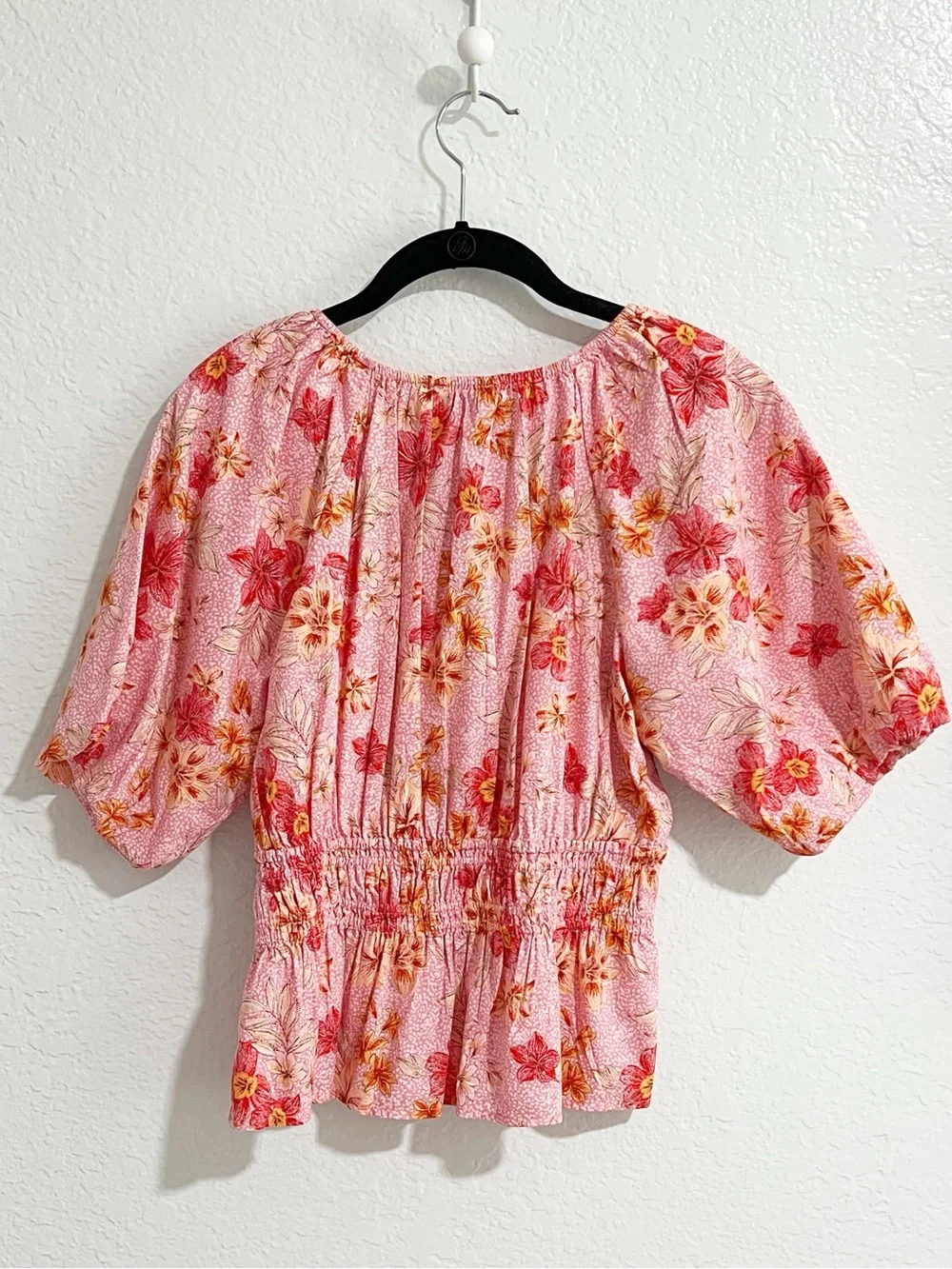 NWT!  LOFT Pink Floral Smocked Peplum Top Puff Sleeves Medium Cottage Boho